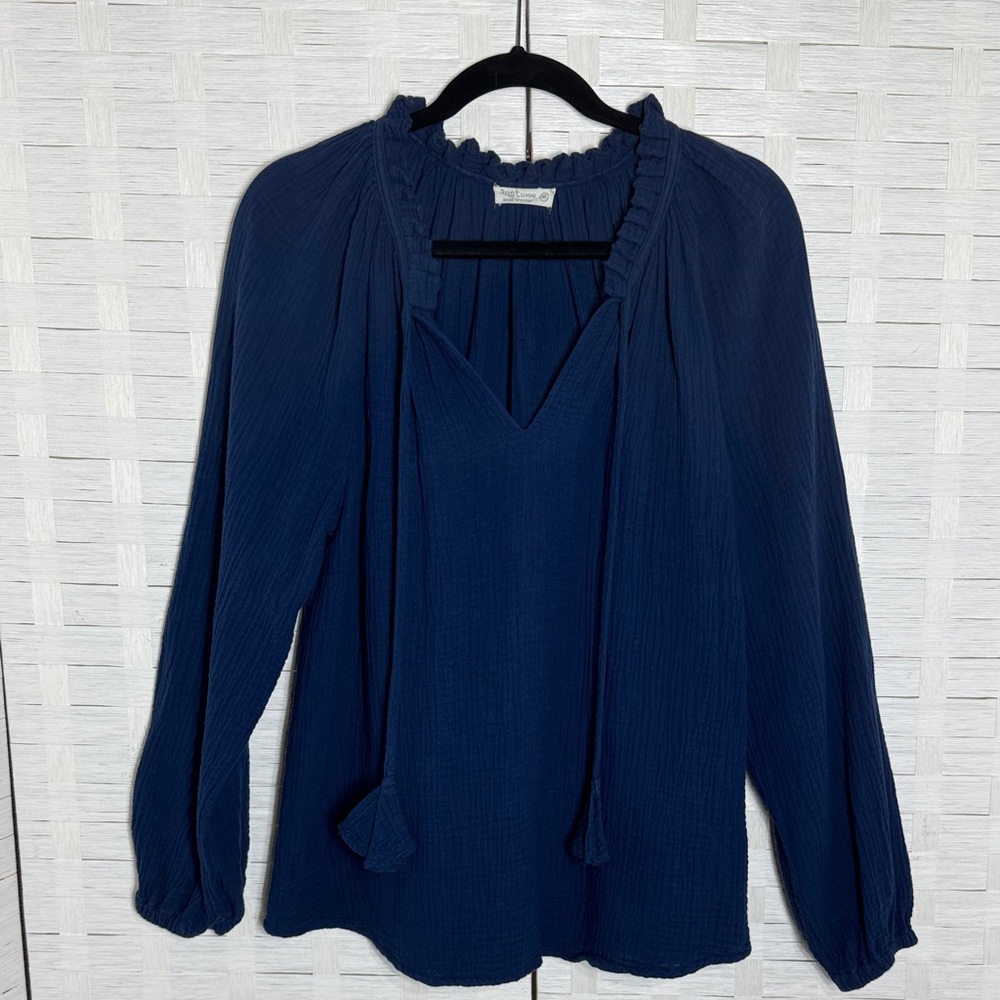 Just Living Navy Peasant‎ Romantic Mock Ruffle Collar Long Sleeve Size Medium